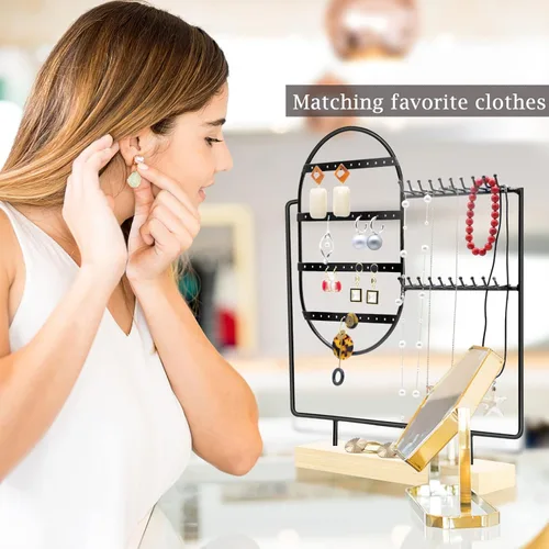 Vista 2 de Organizador ovalado de joyas, soportes de exhibición de collares de metal para vender, organizador de aretes de 4 niveles, regalo para mujeres
