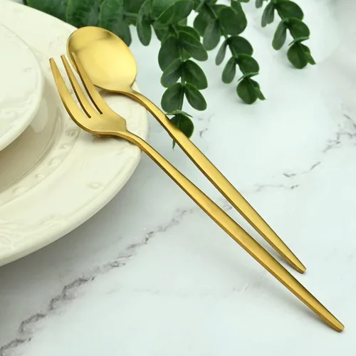 Vista 6 de Juego de 6 tenedores de postre de acero inoxidable de 3 dientes, juego de tenedores para frutas y tartas, 5.31 pulgadas, dorado