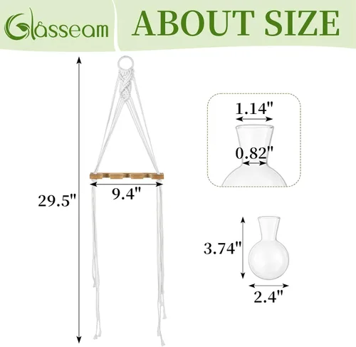 Vista 6 de Glasseam Estaciones de propagación de macramé colgantes: jarrones de propagación de vidrio para ventanas de pared para plantas hidropónicas