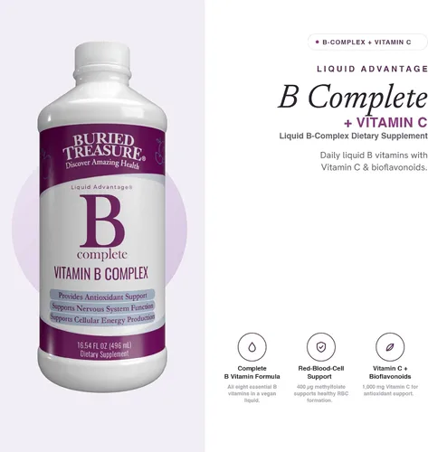 Vista 5 de Buried Treasure B Complete - Complejo líquido de vitamina B con metilcobalamina B12 y metilfolato B9, biotina, B1, B2, B3, B5, B6, líquido y sin