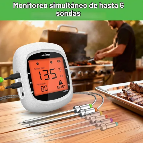 Vista 5 de NutriChef Termómetro de carne Bluetooth para asar y ahumar, hasta 6 sondas de temperatura y aplicación inteligente, rango de 400 pies, LCD Blanco: 2