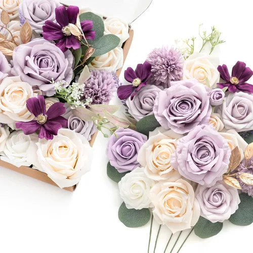 Vista 25 de Ling's moment Caja de flores artificiales, tallos de follaje artificial falso, rosas de espuma, dalia de seda, hierba de pampas, flor de tela