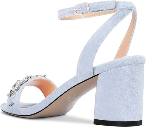 Vista 4 de Saekcted Sandalias de tacón medio grueso para mujer, con puntera abierta, correa al tobillo, con diamantes de imitación, zapatos de vestir casuales