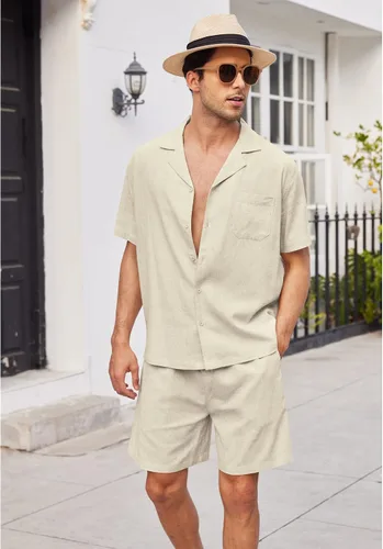 Vista 2 de COOFANDY Camisas de lino para hombre, manga corta, con botones, para playa, hawaiana, juego de 2 piezas
