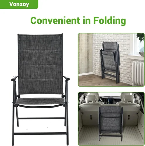 Vista 8 de Juego de 2 sillas plegables para patio, sillas de patio al aire libre con asiento acolchado de algodón de textileno suave y respaldo ajustable de 7