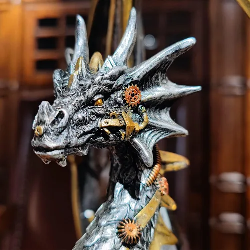 Vista 5 de Estatua de dragón steampunk gótica retro equipo mecánico sentado dragón de aspecto metálico, escultura de resina para el hogar, decoración de cuevas