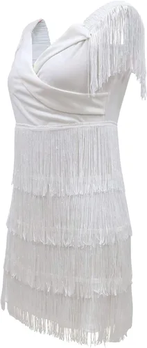 Vista 4 de LYANER Minivestido de fiesta elegante sin mangas con flecos y hombros descubiertos para mujer