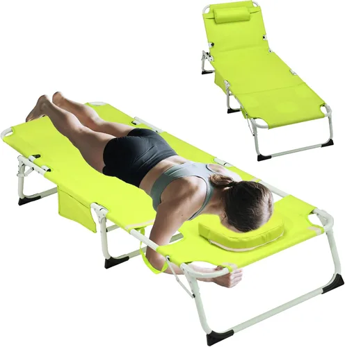 Vista 11 de Silla de bronceado 3 en 1 extragrande con esterilla y agujero para la cara, silla lounge plegable resistente - Silla ajustable de 5 posiciones