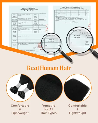 Vista 3 de Sunny I Tip - Extensiones de cabello humano con punta en I 80S, extensiones de cabello humano negro azabache, extensiones de cabello humano