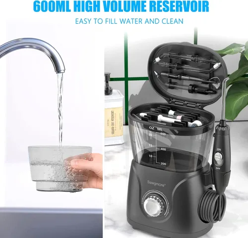 Vista 7 de Sawgmore FC166 - Irrigador dental de agua para dientes y aparatos ortopédicos, gran capacidad de 20.3 fl oz, 10 presiones ajustables, 8 boquillas