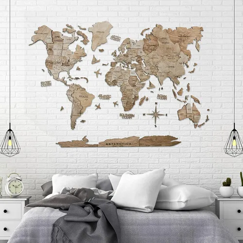 Vista 8 de AWESOMETIK TERRA - Mapa del mundo de madera 3D, mapa del mundo de fácil instalación con cinta de doble cara, incluye complementos, madera
