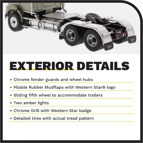 Vista 5 de Diecast Masters Western Star 4700 SB Tandem Day Cab Truck-Tractor - Verde Oliva Metálico Especificaciones de camiones reales Escala 1:50
