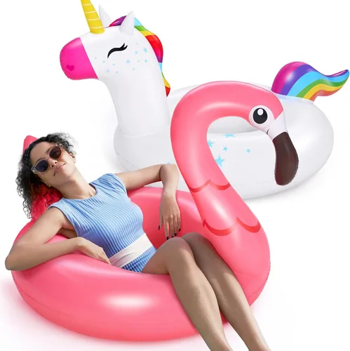Vista 8 de SLOOSH Paquete de 2 flotadores inflables de flamenco de unicornio para piscina, decoraciones de fiesta de natación, divertidos flotadores, tubos