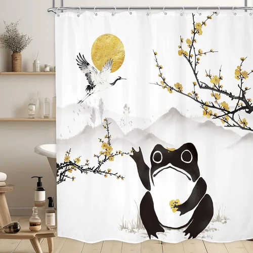 Vista 9 de Juego Divertido de Cortina de Rana Retro para Ducha, Juego de Baño 48x71 Pulgadas, Estilo Asiático Lindo, Arte Japonés Tradicional de Pato de Goma