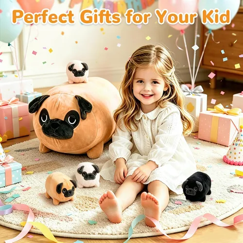 Vista 8 de MMguai Peluche Suave de Bulldog Lindo Bulldog Francés Animales de Peluche con 4 Peluches de Cachorro Bebé en su Barriga, Almohada Blanda Grande