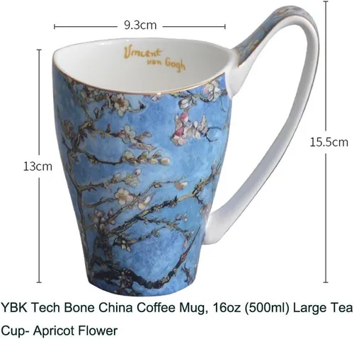 Vista 4 de Taza de café de porcelana de hueso YBK Tech, taza grande de 16oz de té - Diseño inspirado en las pinturas de Van Gogh (flor de albaricoque)