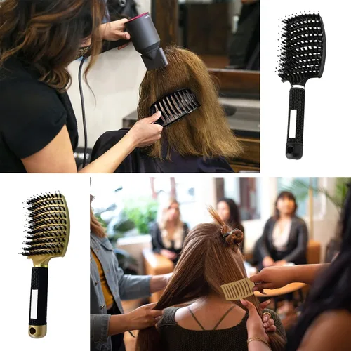 Vista 5 de 2 cepillos curvos ventilados para el cabello, cerdas de jabalí, cepillo desenredante de pala, cepillo profesional desenredante para Dorado+Negro