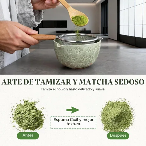 Vista 5 de Juego de batidor de matcha, utensilios de ceremonia de té japonés (8 piezas) con cuenco de matcha con boquilla (19 onzas), batidor de bambú, Verde