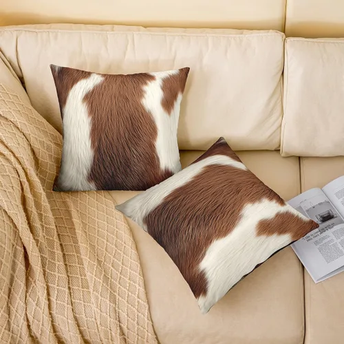 Vista 2 de Feelyou Juego de 2 fundas de almohada de piel de vaca, estilo occidental, rústico, para decoración del hogar, sala de estar, funda de cojín