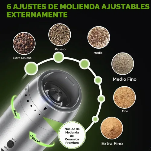 Vista 3 de Juego de Molinillo de Sal y Pimienta de Gravedad, Molinillo Eléctrico de Sal y Pimienta, Molinillo de Pimienta Recargable con Grosor Ajustable y Luz