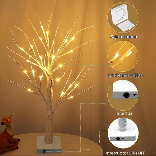 Vista 2 de Juego de 2 luces blancas cálidas para árbol de abedul, 24 luces LED parpadeantes para decoración de interiores 2pcswarm blanco
