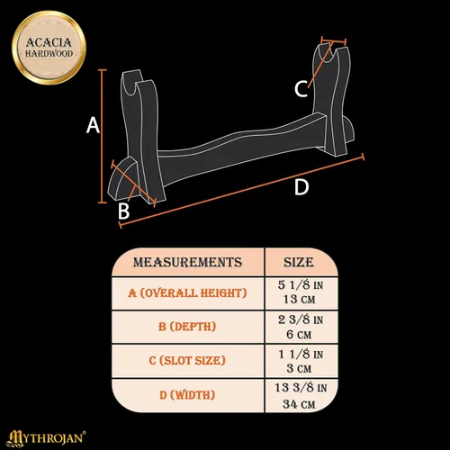 Vista 2 de Mythrojan Soporte de espada medieval de madera maciza horizontal para katana, samurái, gladiador, espadas cruzadas, soporte de mesa elegante, 1 nivel
