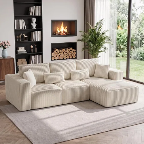 Vista 12 de Sofá modular de 110 pulgadas, sofá modular de pana en forma de L sin hueso con diván, moderno sofá de asiento profundo tapizado para sala de estar