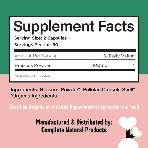 Vista 6 de Complete Natural Products Cápsulas de hibisco orgánico, 550 mg, 100 unidades, a base de plantas, polvo de flores orgánicas para apoyo antioxidante