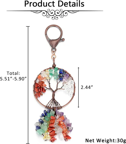 Vista 7 de Jovivi Llavero de cristal curativo de 7 chakras, árbol de la vida, piedra preciosa natural, colgante de automóvil, llavero con borlas