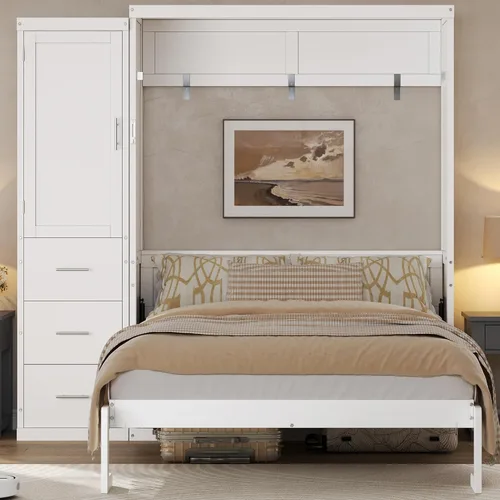 Vista 4 de Cama Murphy de tamaño matrimonial con armario de almacenamiento, ropa y 3 Blanco