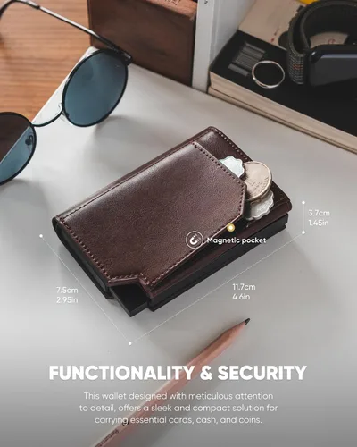 Vista 6 de VULKIT Tarjetero de crédito con bolsillo para monedas, cierre magnético, cartera para tarjetas emergente, bloqueo RFID, funda de piel minimalista