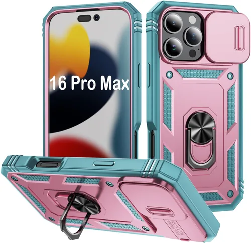 Vista 43 de PASNEW Funda militar para iPhone 13 Pro Max, cubierta de cámara deslizante y soporte de anillo de metal de 360°, carcasa rígida multicapa resistente
