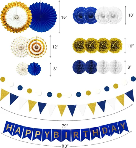 Vista 4 de Juego de 24 piezas de decoración de fiesta de cumpleaños azul marino dorado para baby shower with Hanging Paper Fans Pom Poms Flowers Garland