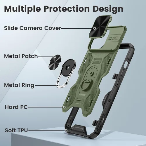 Vista 7 de Caka - Funda para iPhone 13 Pro con soporte y funda para cámara, color verde 360° Rotated Kickstand, Sliding Camera Lens Cover, Heavy Duty Hard