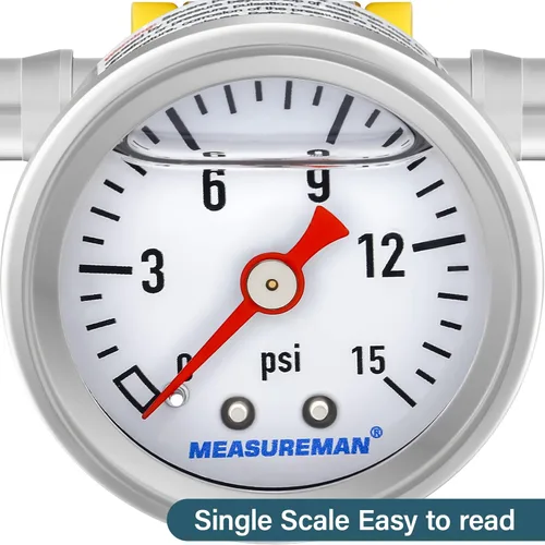 Vista 3 de MEASUREMAN - Manómetro, 0 a 15 psi, relleno glicerina, esfera 1.5 pulgadas, caja acero inoxidable 304, montaje central posterior 1/8 NPT, adaptador