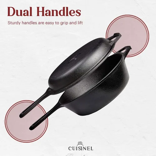 Vista 3 de Sartén de hierro fundido de Cuisinel + tapa - Olla multifuncional 2 en 1 - Olla profunda + sartén - Olla holandesa de 3 cuartos de galón - Utensilio