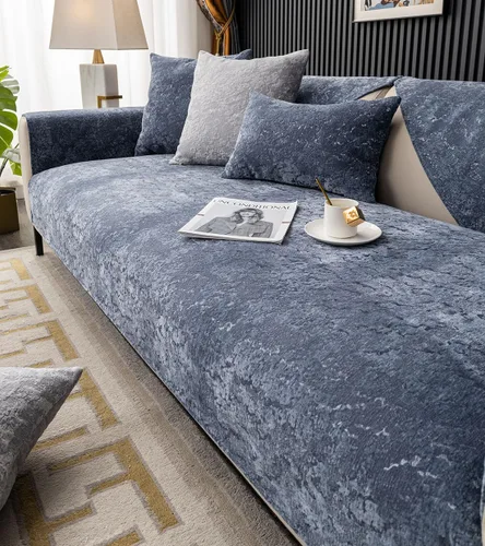 Vista 9 de vctops Funda de lujo de felpa en relieve para sofá, funda antideslizante de jacquard para sofá seccional, súper suave, protector de muebles para Azul