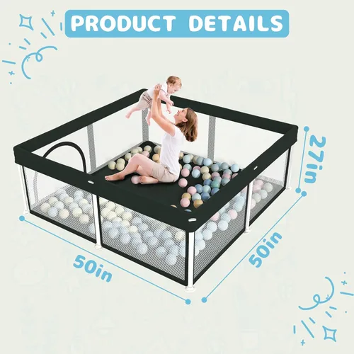 Vista 7 de TOREVSIOR Corralito plegable para bebés con alfombra, 50"×50" corralito plegable para bebés y niños pequeños, corral de seguridad para niños