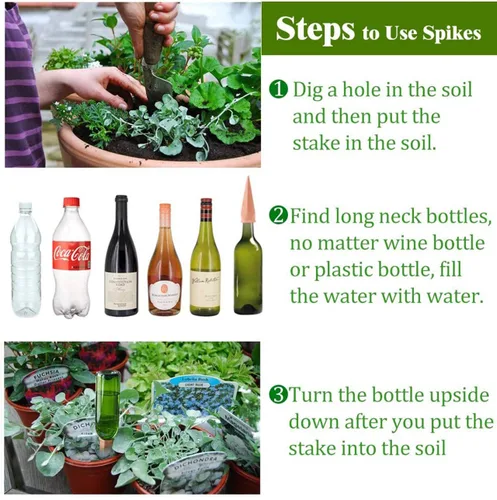 Vista 3 de Dispositivos de Riego de Plantas Paquete de 4 Regador de Plantas de Terracota para Vacaciones Estacas de Riego para Botellas de Vino Picos de Riego