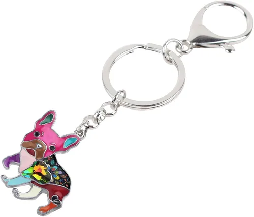 Vista 4 de Bonsny - Llavero de metal esmaltado con forma de corazón con diamantes de imitación, diseño de bulldog francés, para mujeres, niños, bolso de coche