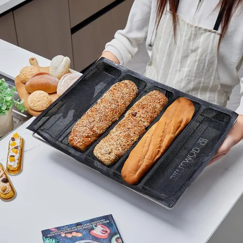 Vista 4 de SIFLEMOD Molde de silicona para baguette, bandeja antiadherente de malla flexible, forros perforados para hornear sándwiches, formas de hornear pan