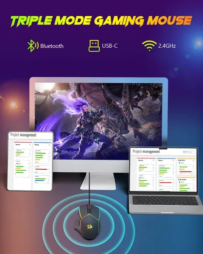 Vista 2 de Redragon Ratón inalámbrico para juegos, Tri-Mode 2.4GUSB-CBluetooth ergonómico, 8000 DPI, mouse inalámbrico programable con retroiluminación RGB