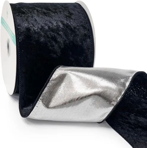 Vista 16 de Cinta de terciopelo negro con alambre y respaldo metálico plateado de 2.5 pulgadas x 10 yardas para adorno de la punta del árbol de Navidad