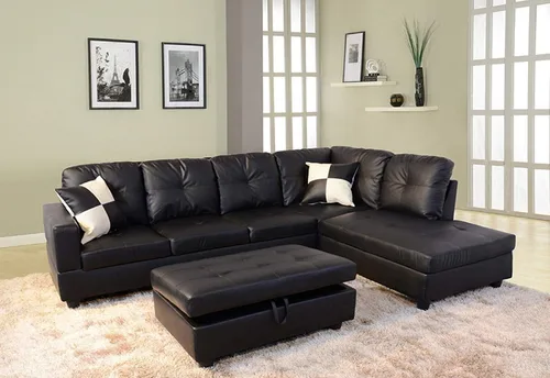 Vista 6 de Juego de sofá modular de piel sintética en forma de L con diván, otomana, 2 almohadas de lanzamiento
