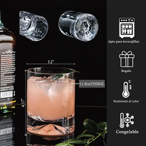 Vista 5 de Juego de 2 Vasos de Whisky de Cristal Soplado a Mano, 12 oz Vasos de Cóctel Old Fashioned, Vaso Lowball Rocks, Base Hexagonal Única para Bourbon