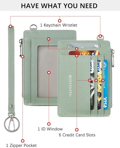 Vista 2 de BOSTANTEN Tarjetero para tarjetas de crédito para mujer, billetera de piel RFID, pequeña cartera delgada con llavero con ventana de identificación
