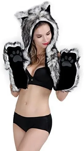 Vista 2 de Gorro de piel sintética con diseño de animales bufanda guantes 3 en 3 con capucha y orejas de patas