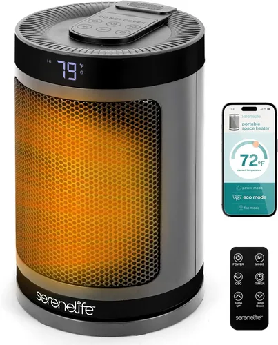 Vista 8 de SereneLife Calentador de espacio inteligente: calentador eléctrico para interiores de 1500 W con termostato, control remoto, temporizador de 12