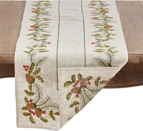 Vista 2 de SARO LIFESTYLE 1851.N16120B Joyeuses Fêtes Collection Camino de mesa bordado de piña y acebo, 16 x 120 pulgadas, natural