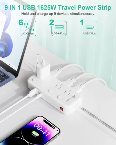 Vista 2 de Protector contra sobretensiones de regleta de alimentación de interruptor individual, 6 tomacorrientes 3 USB, cable de 5 pies Individual
